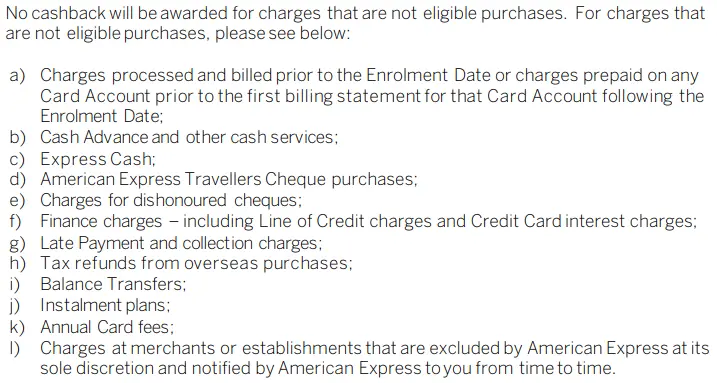 American Express True Cashback Card Ineligible Transactions