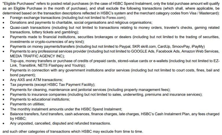 HSBC Visa Platinum Credit Card Ineligible Transactions